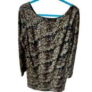 Gianni Bini Sequin 3/4 Sleeve Dress Large Black, Brown &‎ Gold Zip in Back